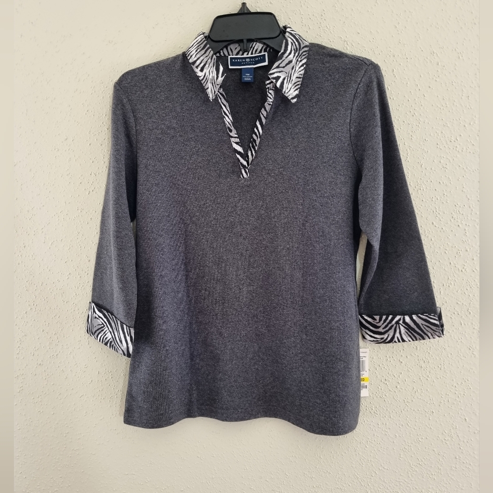Karen Scott Gray V-Neck Sweater with Zebra Trim